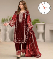 3 Pcs Women's Stitched Organza Embroidered Suit