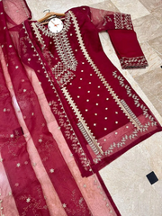 3 Pcs Women's Stitched Organza Embroidered Suit
