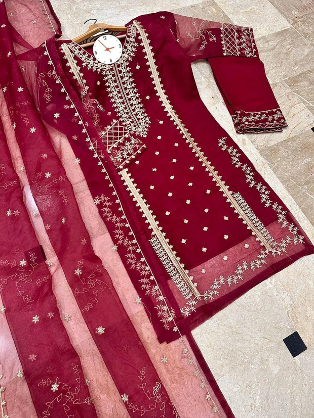 3 Pcs Women's Stitched Organza Embroidered Suit