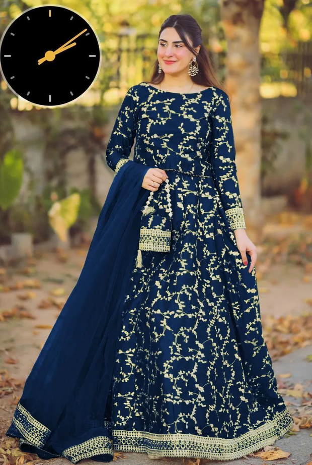 4 Pcs Women's Stitched Shamoz Silk Embroidered Lehenga Choli