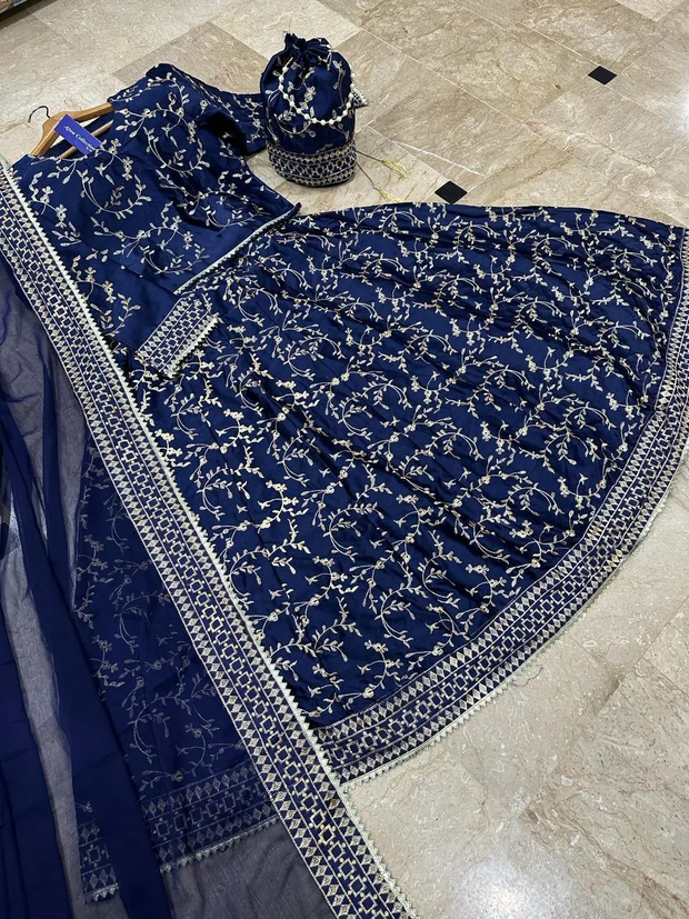 4 Pcs Women's Stitched Shamoz Silk Embroidered Lehenga Choli