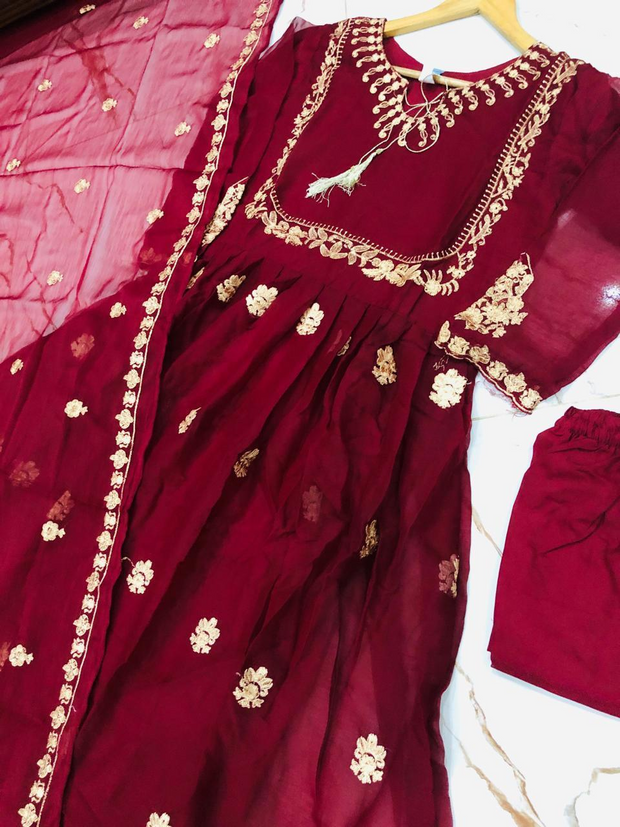 3 Pcs Women's Stitched Embroidered Chiffon Maxi with Dupatta