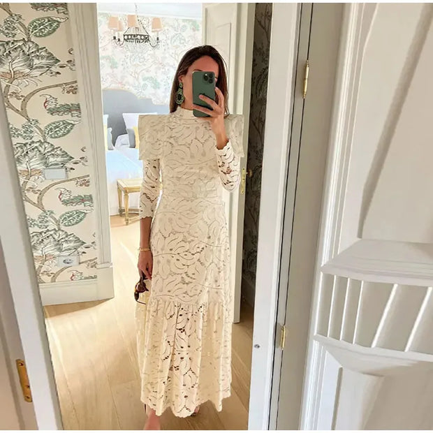 Elegant Lace Long Dress – High Collar, Slim Fit, Patchwork Design for Spring & Autumn Parties 2025