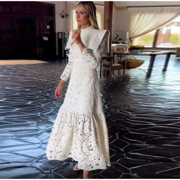 Elegant Lace Long Dress – High Collar, Slim Fit, Patchwork Design for Spring & Autumn Parties 2025