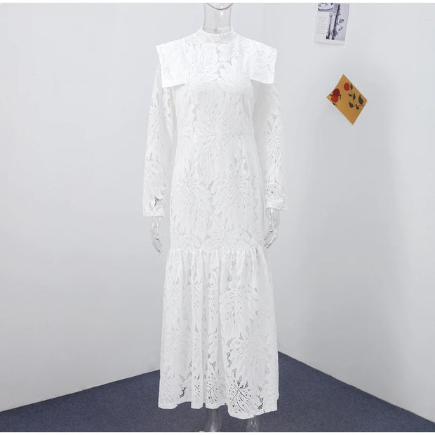 Elegant Lace Long Dress – High Collar, Slim Fit, Patchwork Design for Spring & Autumn Parties 2025