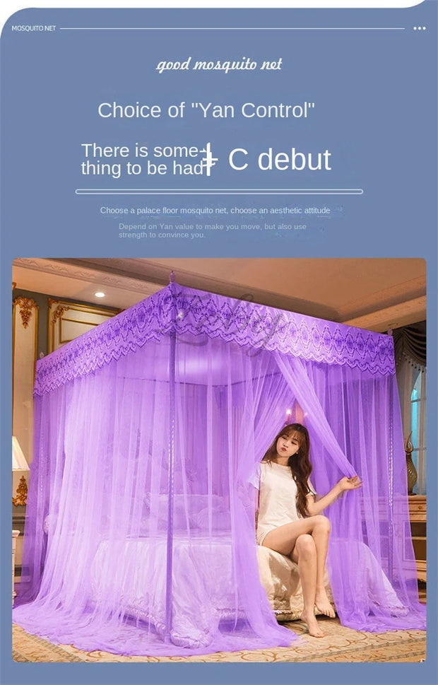 Embroidery Lace Pleated Mosquito Net – Romantic Square Canopy for Queen & Double Beds (Stainless Steel Bracket Not Included)