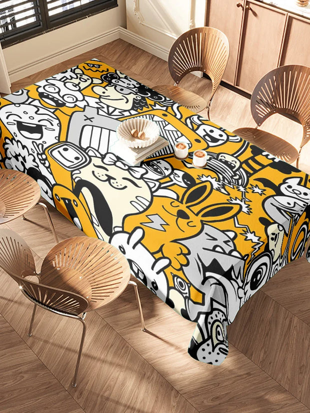 Cartoon Print Tablecloth – Modern Black & Yellow Design, Fits Most Tables
