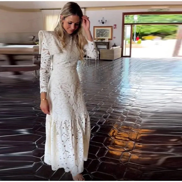 Elegant Lace Long Dress – High Collar, Slim Fit, Patchwork Design for Spring & Autumn Parties 2025