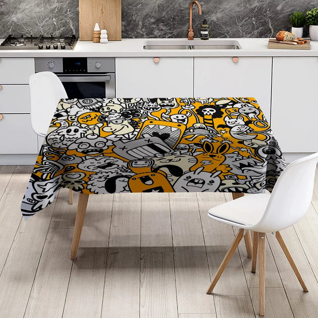 Cartoon Print Tablecloth – Modern Black & Yellow Design, Fits Most Tables