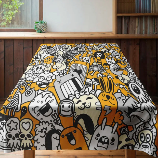 Cartoon Print Tablecloth – Modern Black & Yellow Design, Fits Most Tables