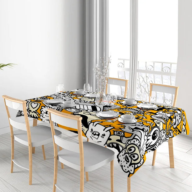 Cartoon Print Tablecloth – Modern Black & Yellow Design, Fits Most Tables