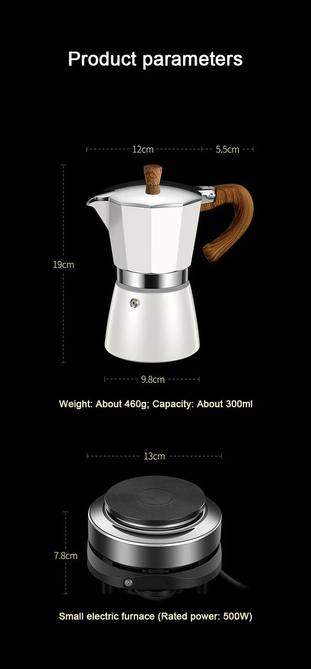 Vintage Wooden Handle Espresso Maker – 300ml Moka Pot with Electric Stove, Classic Italian Mocha Coffee Maker, 110V/220V