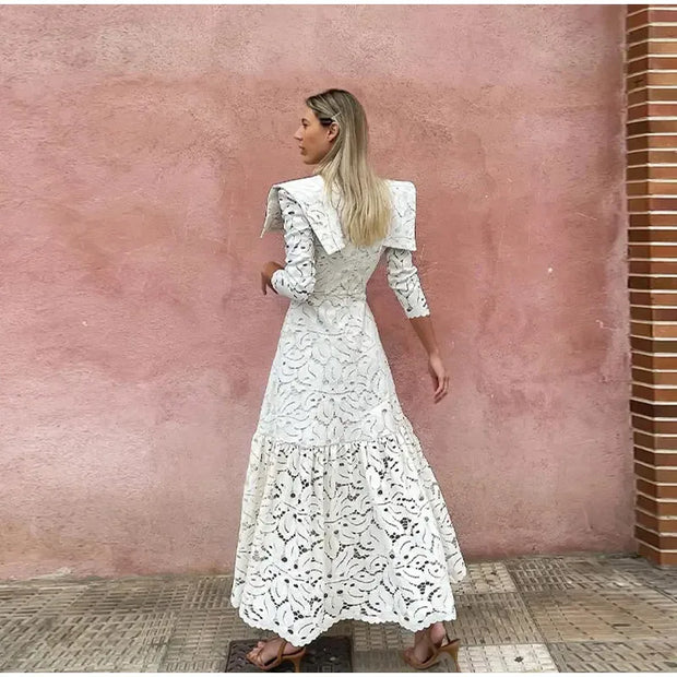 Elegant Lace Long Dress – High Collar, Slim Fit, Patchwork Design for Spring & Autumn Parties 2025