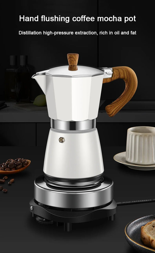Vintage Wooden Handle Espresso Maker – 300ml Moka Pot with Electric Stove, Classic Italian Mocha Coffee Maker, 110V/220V